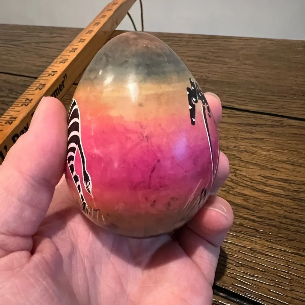 Hand Painted Soapstone Egg African Wildlife Mural Scene Zebra Trees